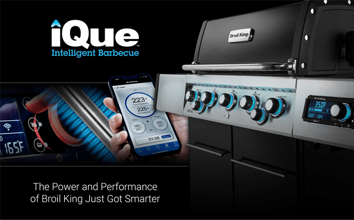 Broil King iQue promotional graphic showing a gas grill and its phone app